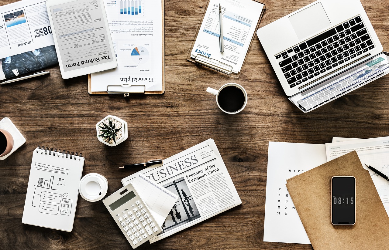 desk work business office finance laptop documents analysis application planning startup